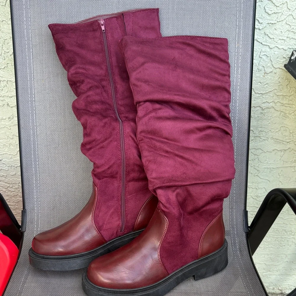 Faux Leather Round Toe Ruched Tall Boots - 8.5 burgundy color